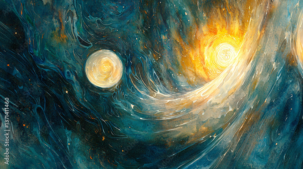 Poster painting of a star depicting a surreal scene with ethereal light and abstract textures to create an 