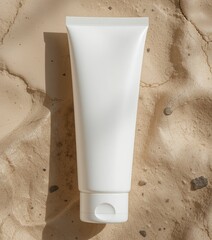 Minimalist Cosmetic Tube Mockup on Natural Sand Beige Soil Background with Soft Shadows