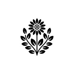 Minimalist Floral Design: Black Sunflower and Leaves on White Background