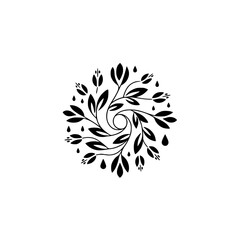 Minimalist Floral Swirl Emblem with Leaves and Raindrops