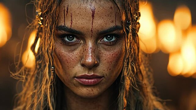 Fierce Viking shieldmaiden surrounded by fire