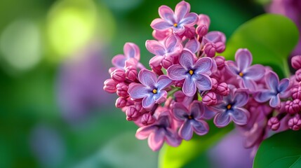 Fototapeta premium Professional Photo of Blossoming Lilac Flower in Full Bloom with Vibrant Fresh Purple Petals and Green Leaves - Ideal for Spring Season Marketing Campaigns