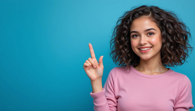 A cheerful young woman with curly hair points upwards, sharing exciting news against a vibrant blue backdrop.