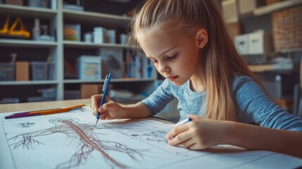 Focused Young Girl Studying Human Anatomy, Drawing Nervous System