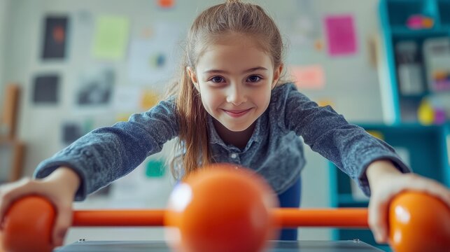 Happy Girl Playing with Molecular Model in Classroom