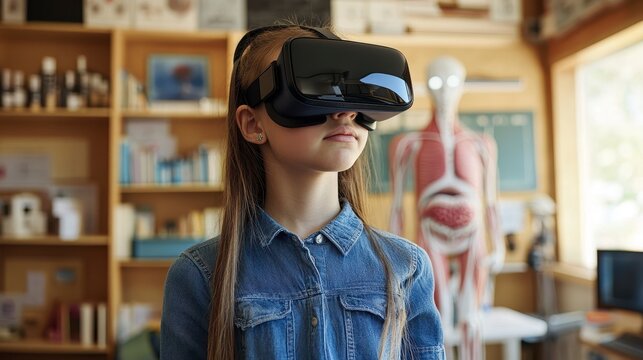 Young Girl Experiencing Virtual Reality in a Classroom Setting