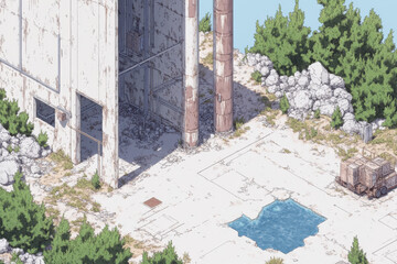A desolate scene with a white building and a pool
