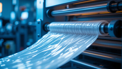 The continuous flow of translucent film unwinding from a powerful industrial machine, a mesmerizing dance of production in cool blue hues.