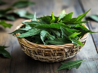 Obraz premium Neem Leaves in Basket Freshly Picked on Rustic Wood Surface