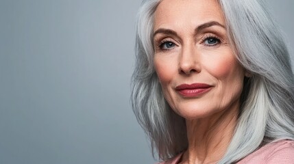 Elegant portrait of a mature woman with silver hair against a soft gray background, exuding confidence