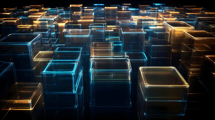 Obraz premium 3D Abstract Cityscape of Transparent Illuminated Cubes on Black Background