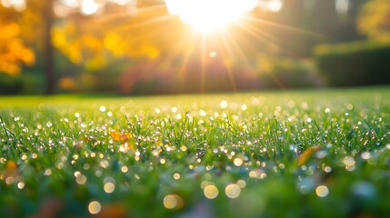 Fototapeta premium Detailed Macro Photography of Dew Drops on Green Lawn in a Vibrant Garden Setting