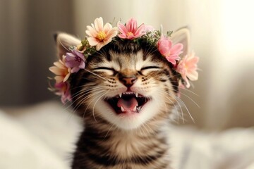 Cute baby cat bengal wearing savage flower crown on its head. Warm season happiness. Dawn light. Bohemian summer dream for pets. Free-spirited cat in a sunny field. Smiling cat with flowers.