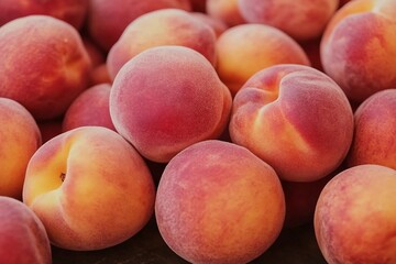 Tender, ripe, fragrant pink peaches lie gathered from the branches of the trees in the summer, forming a rich harvest of sweet fruit. Background