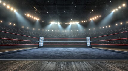 Empty boxing ring illuminated by bright lights, with a cheering crowd in the background