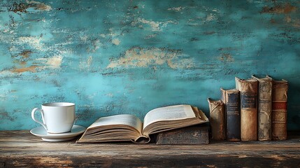 Naklejka premium Vintage books and a cup create a calm, study setting with a textured teal background for focused inspiration.