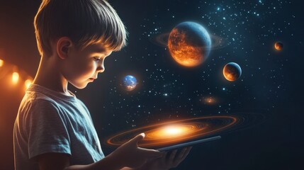 Young Boy Exploring the Cosmos on a Tablet