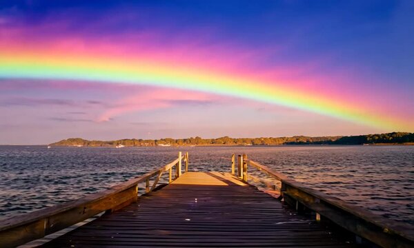Sunset jetty with colorful ray after rain.
