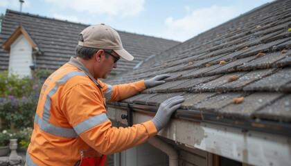 A dedicated worker meticulously inspecting a weathered roof, ensuring its integrity and protection against the elements, showcasing diligent craftsmanship under a bright sky.
