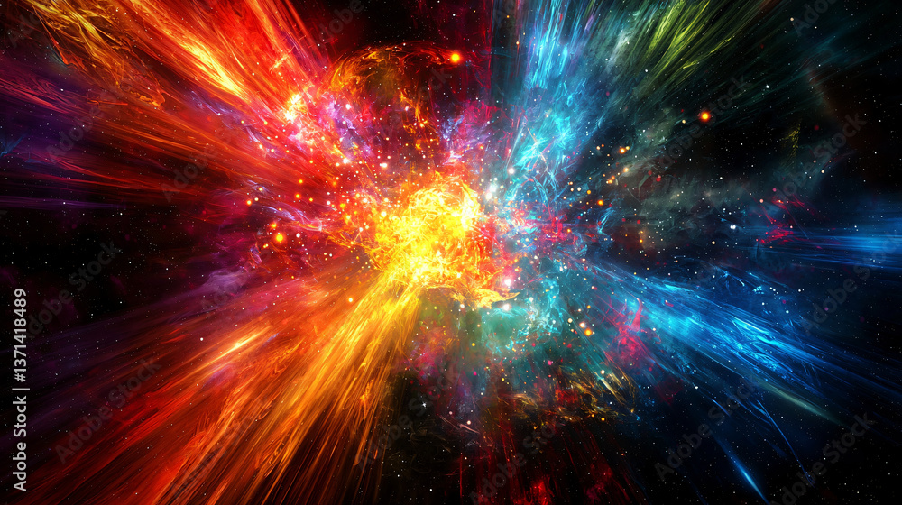 Poster bright and colorful explosion of light in a cosmic setting creating a stunning visual of celestial e