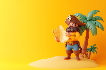 Animated Pirate Treasure Hunt: A jovial cartoon pirate with a weathered map on a tropical isle beside a palm tree, against a vibrant yellow backdrop. 