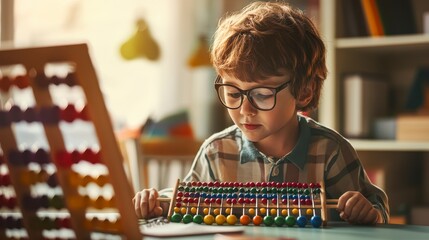 Concentrated Young Boy Using an Abacus for Math Learning