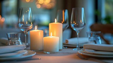 Elegant dining table setup celebration with candles empty centerpiece blank area in center for message