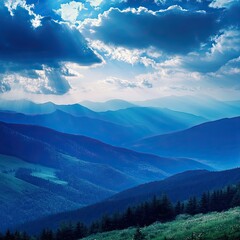 Fototapeta premium Summer landscape in mountains and the dark blue sky with clouds. Carpathian, Ukraine, Europe.
