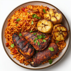 Nigerian Jollof Rice Served with Fried Plantain and Flavored Chicken