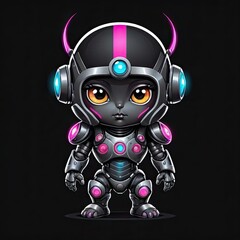 A black and pink robotic character stands in front of a dark background