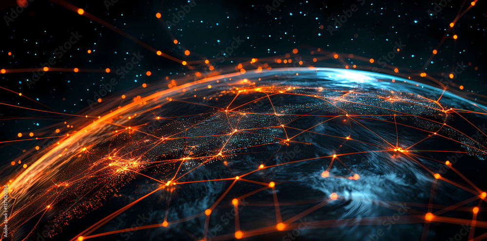 Aufkleber networked planet: a captivating digital illustration showcases a globe enveloped by an intricate web
