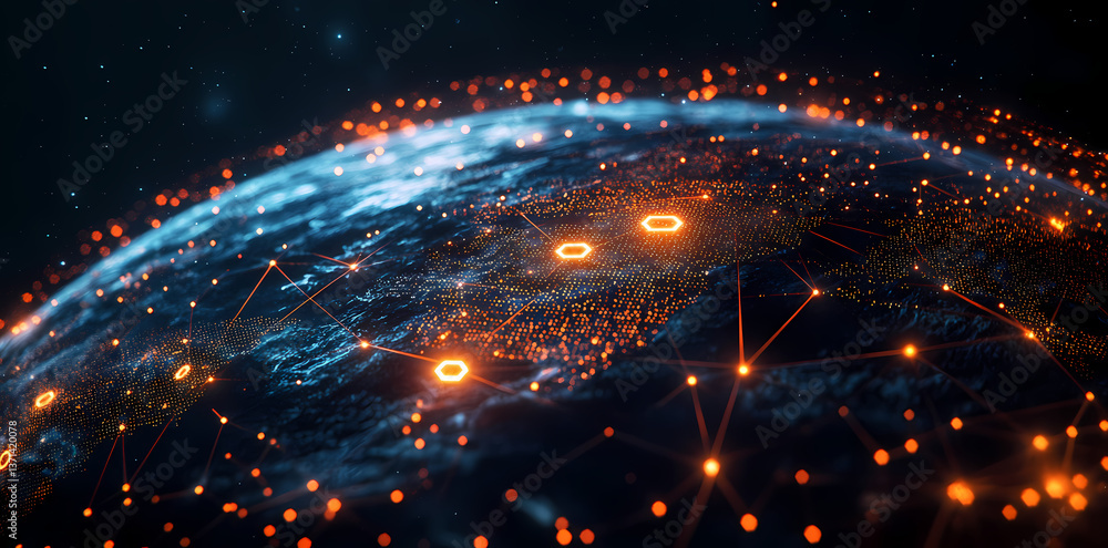 Poster global network connectivity: a captivating visual of planet earth enveloped by a vibrant network, re
