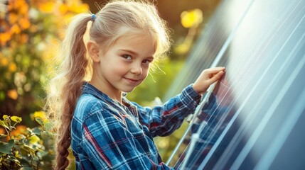 Young Girl Exploring Solar Panel Technology in a Garden