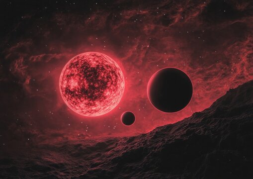 red dwarf star system, displaying a star with potential orbiting exoplanets