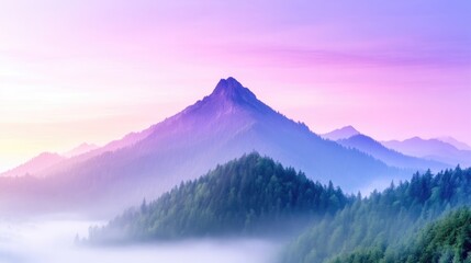 Fototapeta premium Majestic mountain peak bathed in sunrise hues, misty valley below