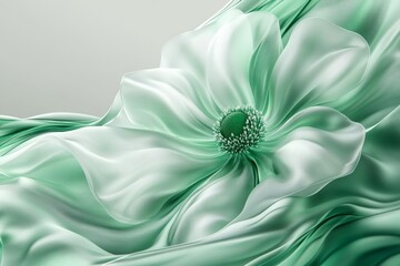 a bright green flower, flowing transparent fabric, smooth glass thickness, transparent, emerald green, white and vivid green holographic, minimalist, precise surreal style, mesmerizing colorful landsc