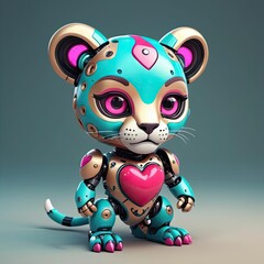 A cute, teal robot lion with pink accents stands on a grey background