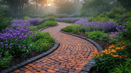 Fototapeta premium Winding brick path through a vibrant garden, bathed in morning mist