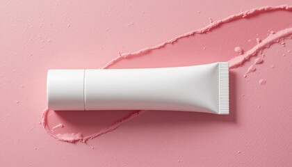Minimalist Lip Balm Tube Mockup on Pink Background with Pink Cream and Soft Shadows