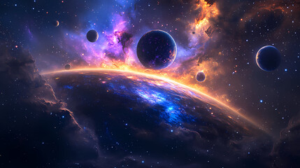 Obraz premium Celestial Symphony: Immerse yourself in a mesmerizing space scene, featuring radiant nebulae, swirling galaxies, and planets bathed in ethereal light.