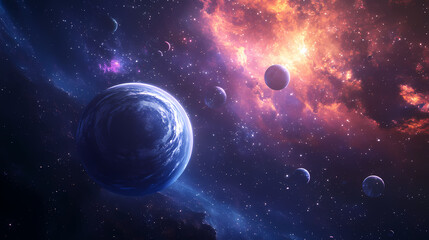 Obraz premium Cosmic Ballet: A breathtaking depiction of celestial bodies in a vibrant nebula, capturing the vastness and mystery of the cosmos.