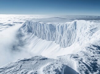 Fototapeta premium The top of the snow mountain, overlooking clouds and fog below, covered with deep white powder on both side