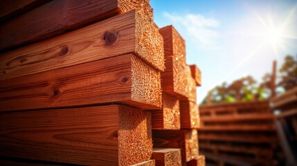 Stacked wooden planks illuminated by sunlight in a lumber yard with trees in the background