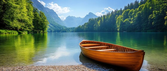 A wooden boat rests peacefully beside a tranquil mountain lake