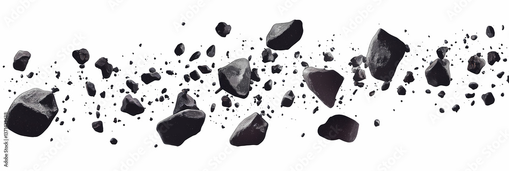 Poster cosmic debris: a dynamic display of asteroids and celestial bodies traversing the void of space, sho