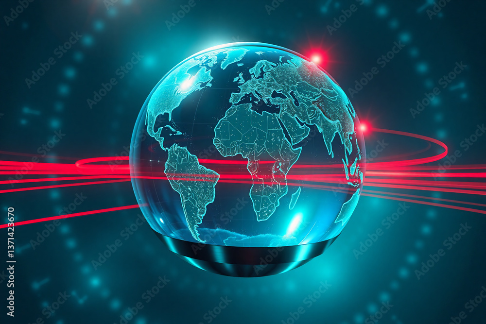 Poster futuristic globe with digital world map. glowing continent outlines with red light trails and dots o