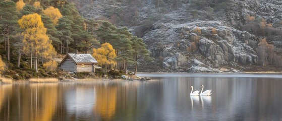 Fototapeta premium Swans on Autumn Lake, Cabin Reflections