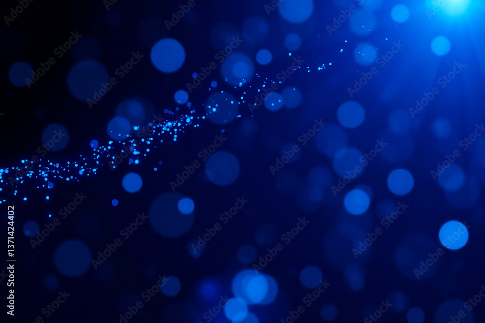 Poster abstract blue bokeh background features a stream of glowing particles and bright light rays, creatin