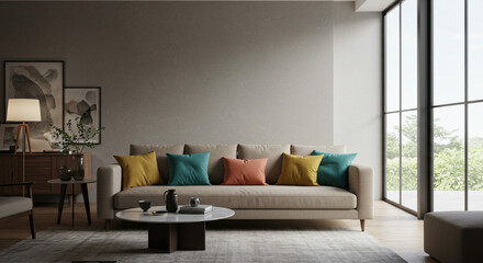 A serene living room bathed in soft sunlight, featuring a comfortable beige sofa adorned with colorful cushions, creating a peaceful and inviting atmosphere with large windows and natural light.