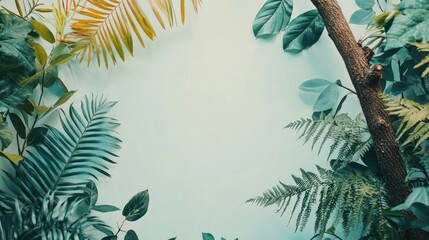 Tropical leaves frame, pastel background, nature design, summer vibe, website banner